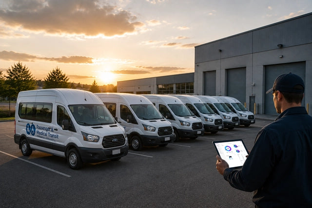 Medical transport vehicle at sunset